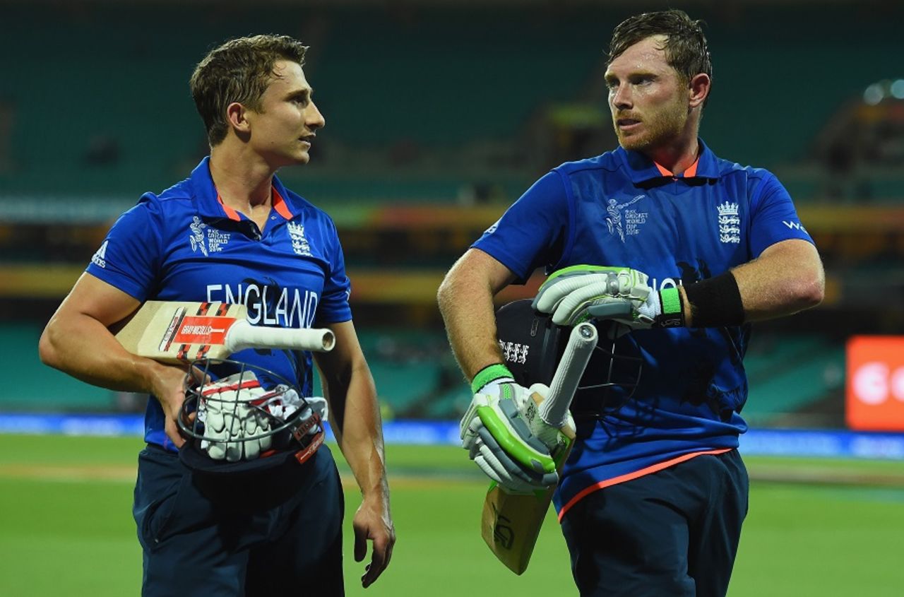James Taylor and Ian Bell walk off after sealing a nine-wicket win, Afghanistan v England, World Cup 2015, Group A, Sydney, March 13, 2015