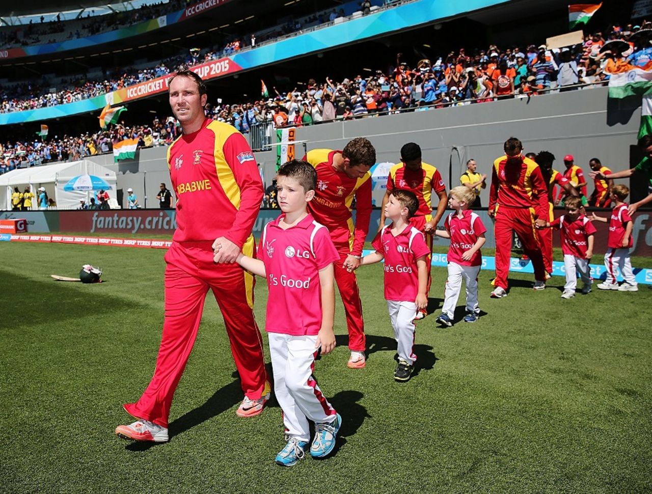 Brendan Taylor walks out for the national anthem in his final ODI, India v Zimbabwe, World Cup 2015, Group B, Auckland, March 14, 2015