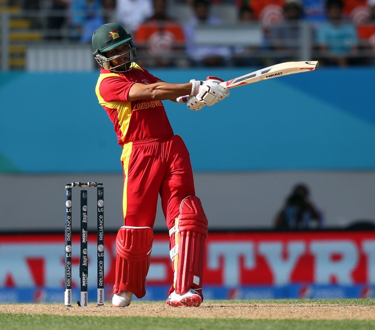Sikandar Raza thumps the ball to the leg side, India v Zimbabwe, World Cup 2015, Group B, Auckland, March 14, 2015