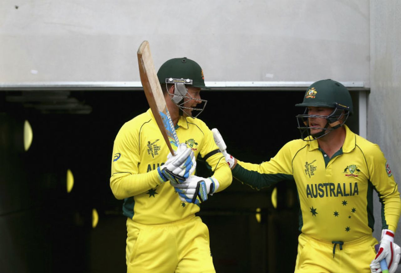 Michael Clarke and Aaron Finch walk out to bat, Australia v Scotland, World Cup 2015, Group A, Hobart, March 14, 2015
