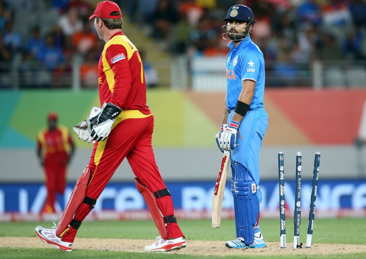 Virat Kohli is disappointed after he was bowled for 38, India v Zimbabwe, World Cup 2015, Group B, Auckland, March 14, 2015