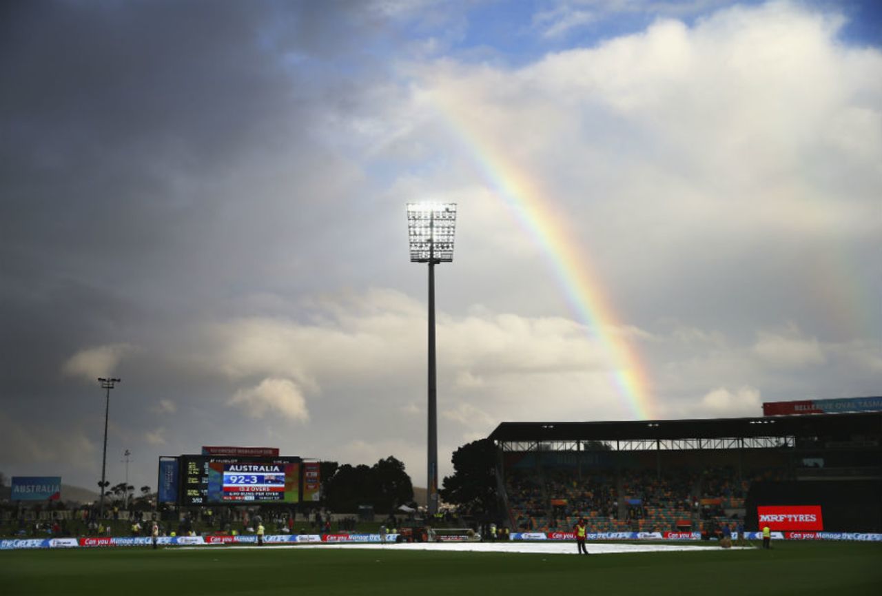 A rainbow brings in some hope of play at the Bellerive Oval, Australia v Scotland, World Cup 2015, Group A, Hobart, March 14, 2015