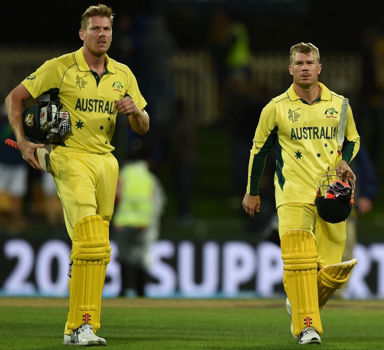 James Faulkner and David Warner walk off after sealing a seven-wicket win, Australia v Scotland, World Cup 2015, Group A, Hobart, March 14, 2015