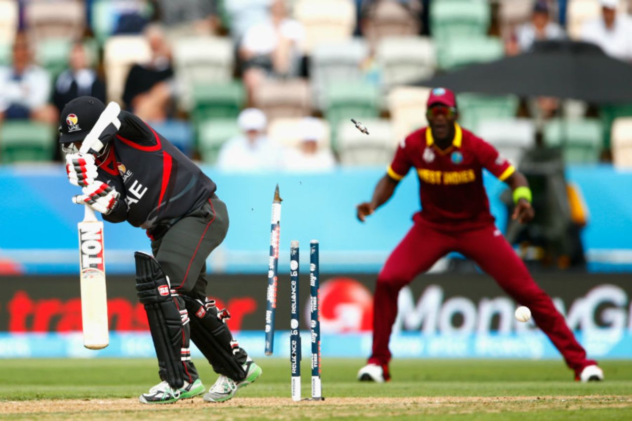 Swapnil Patil is undone by a Jason Holder delivery, United Arab Emirates v West Indies, World Cup 2015, Group B, Napier, March 15, 2015