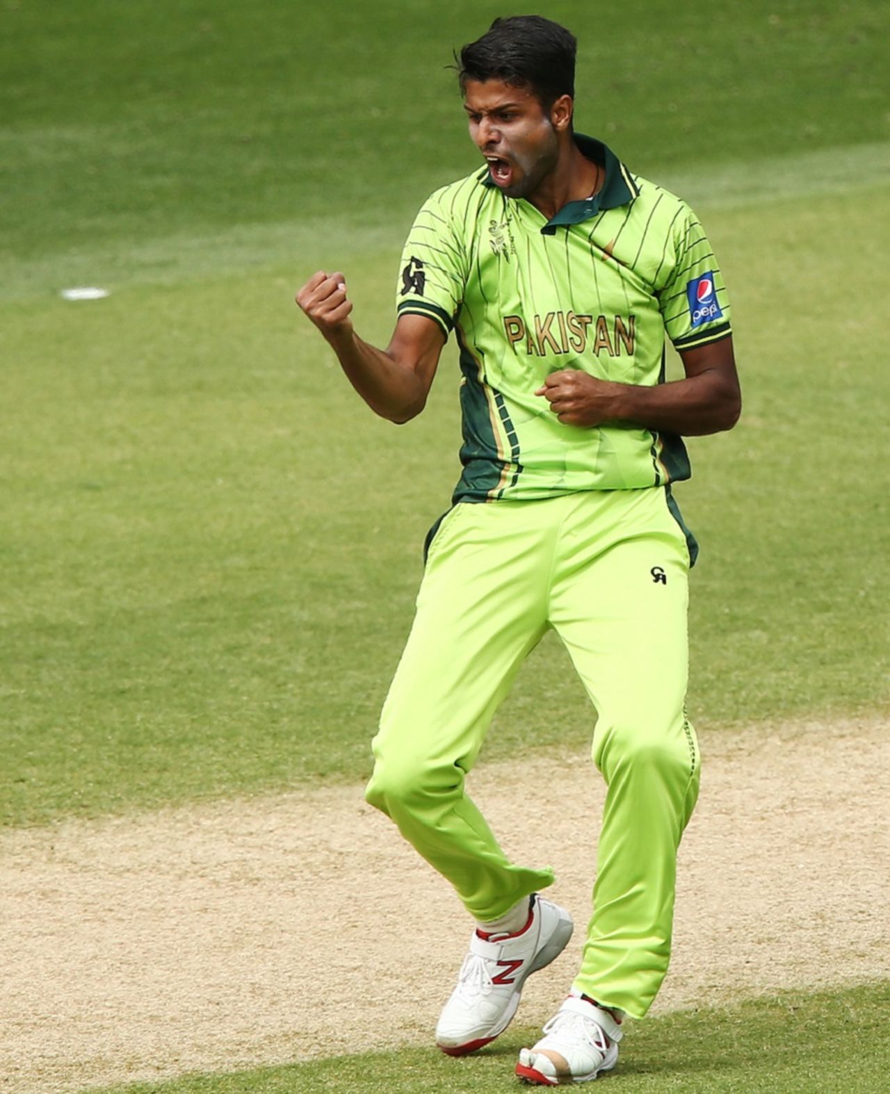 Ehsan Adil is pumped up after dismissing Paul Stirling, Ireland v Pakistan, World Cup 2015, Group B, Adelaide, March 15, 2015