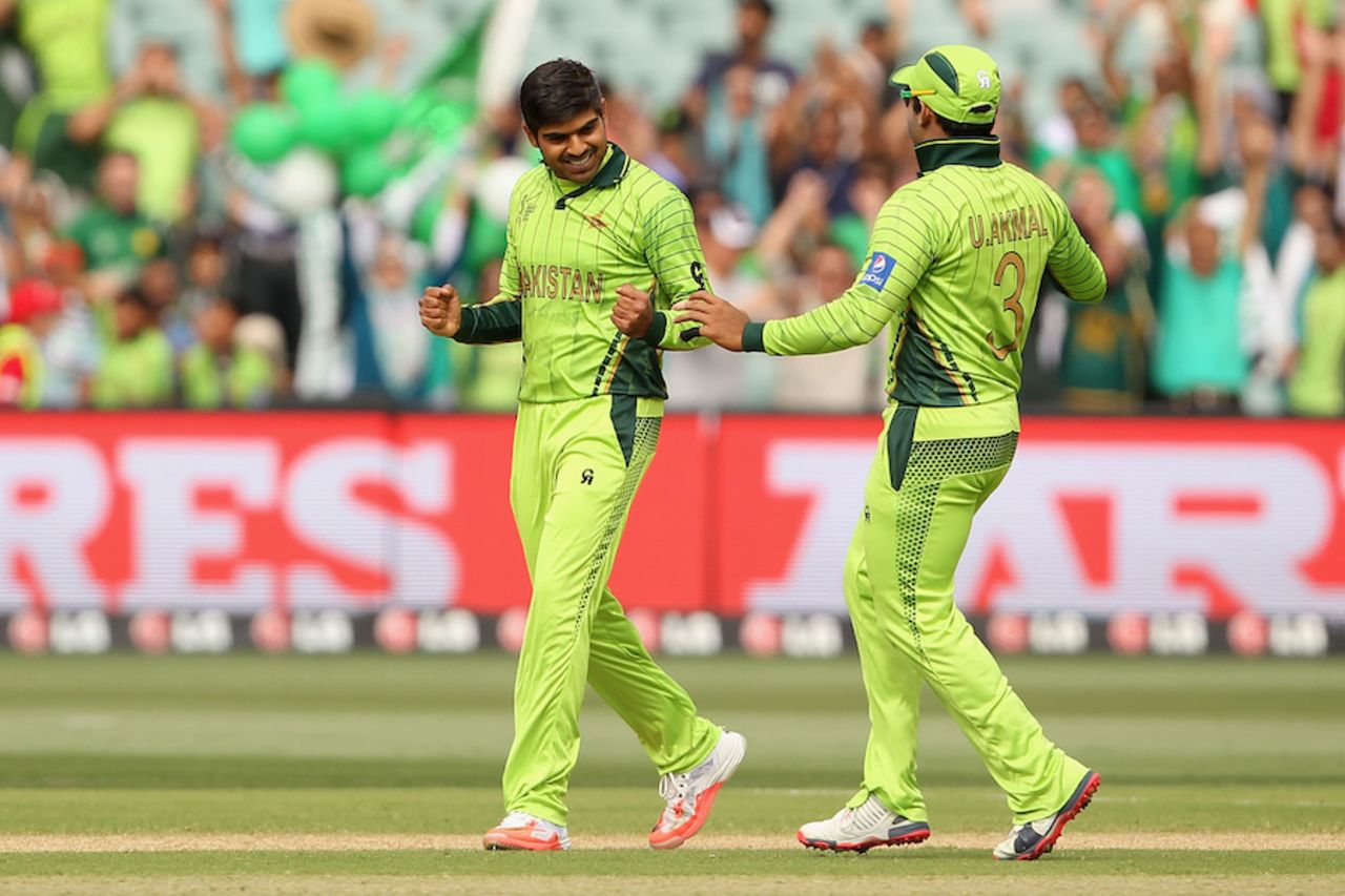Haris Sohail celebrates after removing Andy Balbirnie, Ireland v Pakistan, World Cup 2015, Group B, Adelaide, March 15, 2015