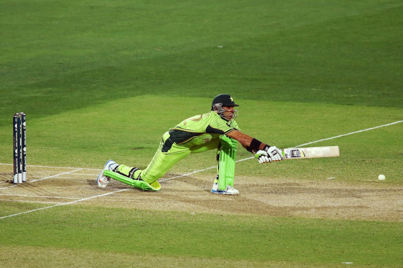 Misbah-ul-Haq stretches out for a reverse sweep, Ireland v Pakistan, World Cup 2015, Group B, Adelaide, March 15, 2015