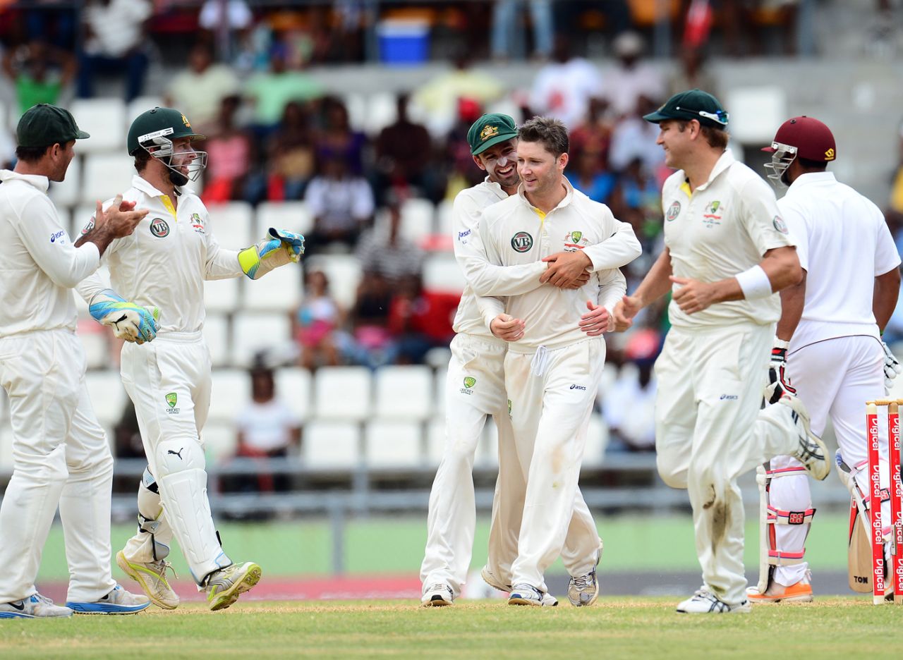 Michael Clarke is congratulated after taking the wicket of Ravi Rampaul, West Indies v Australia, 3rd Test, Dominica, 5th day, April 27, 2012


, 