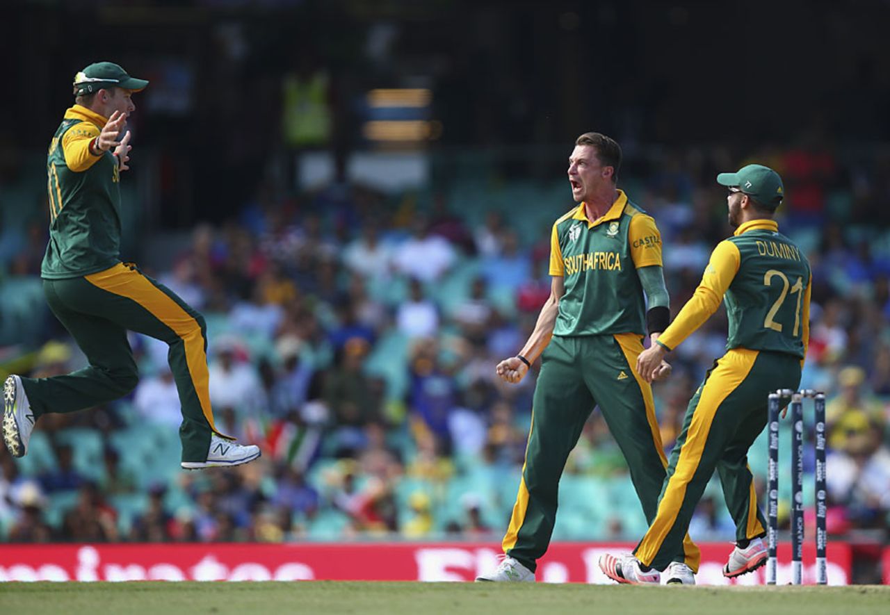 David Miller leaps in to celebrate with Dale Steyn, South Africa v Sri Lanka, World Cup 2015, 1st quarter-final, Sydney, March 18, 2015