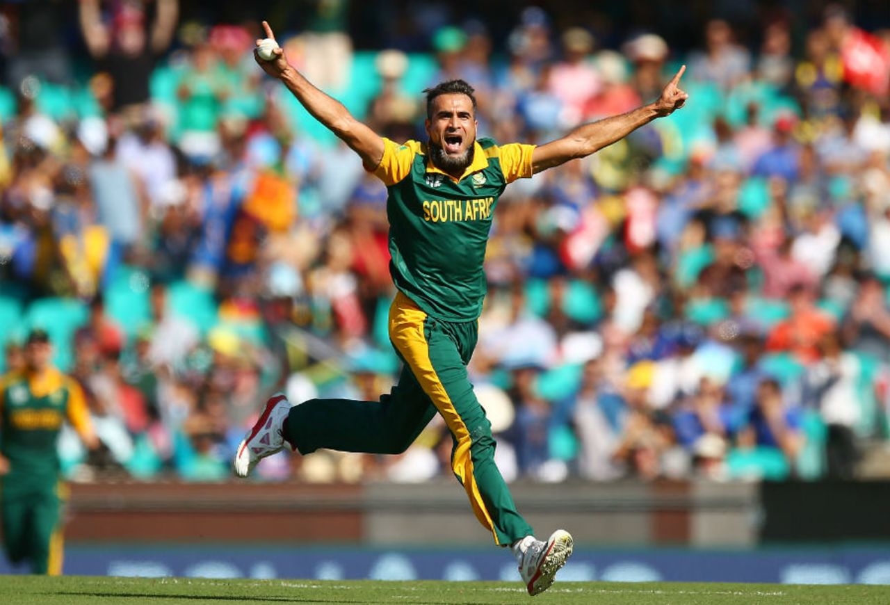 Imran Tahir is ecstatic after taking the wicket of Lahiru Thirimanne, South Africa v Sri Lanka, World Cup 2015, 1st quarter-final, Sydney, March 18, 2015