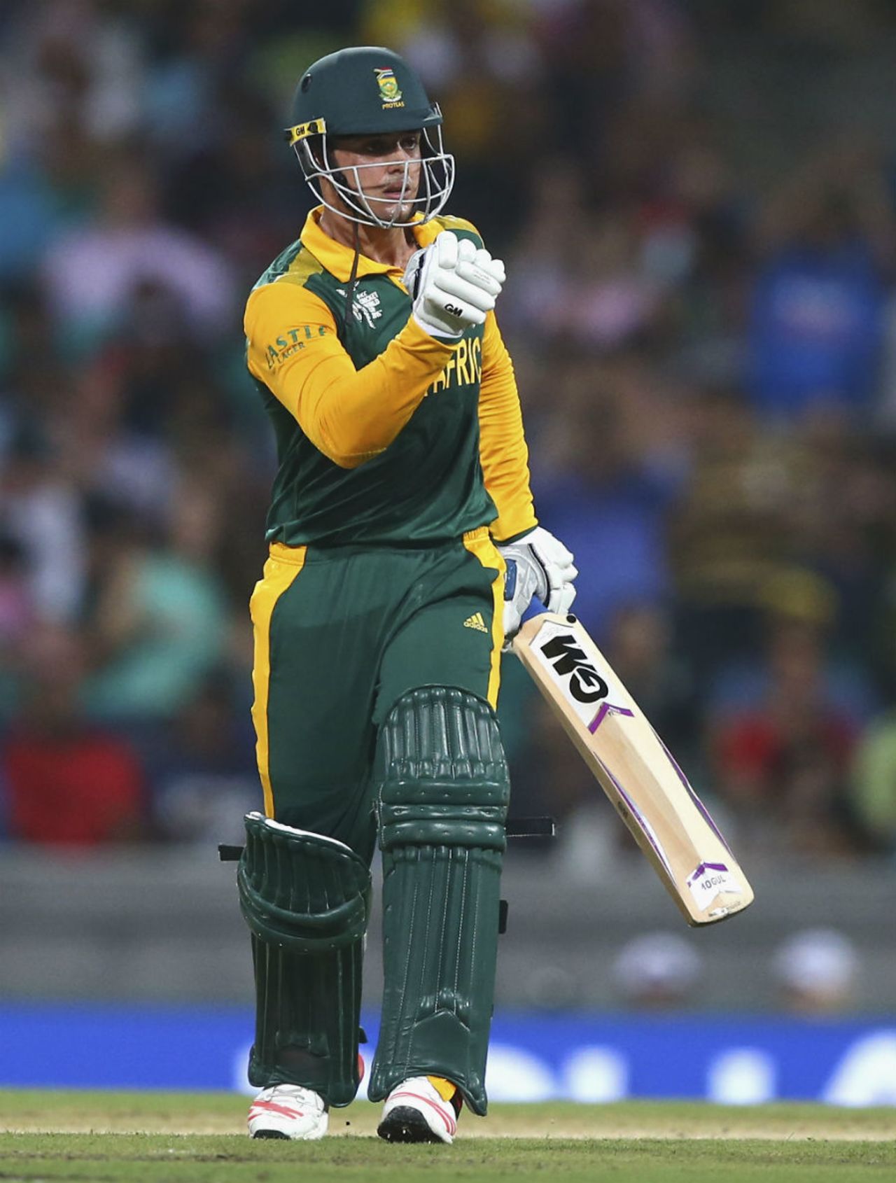 Quinton de Kock celebrates his first fifty of the World Cup, South Africa v Sri Lanka, World Cup 2015, 1st quarter-final, Sydney, March 18, 2015

