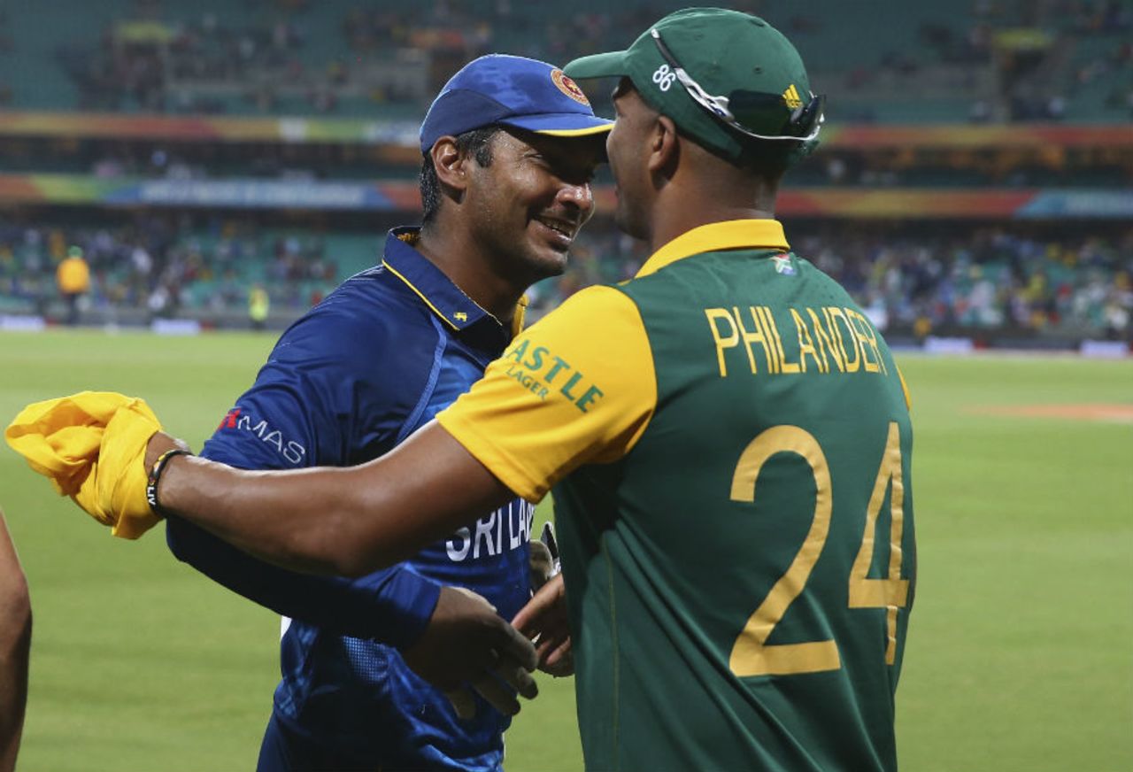 Kumar Sangakkara shakes hands with Vernon Philander, South Africa v Sri Lanka, World Cup 2015, 1st quarter-final, Sydney, March 18, 2015