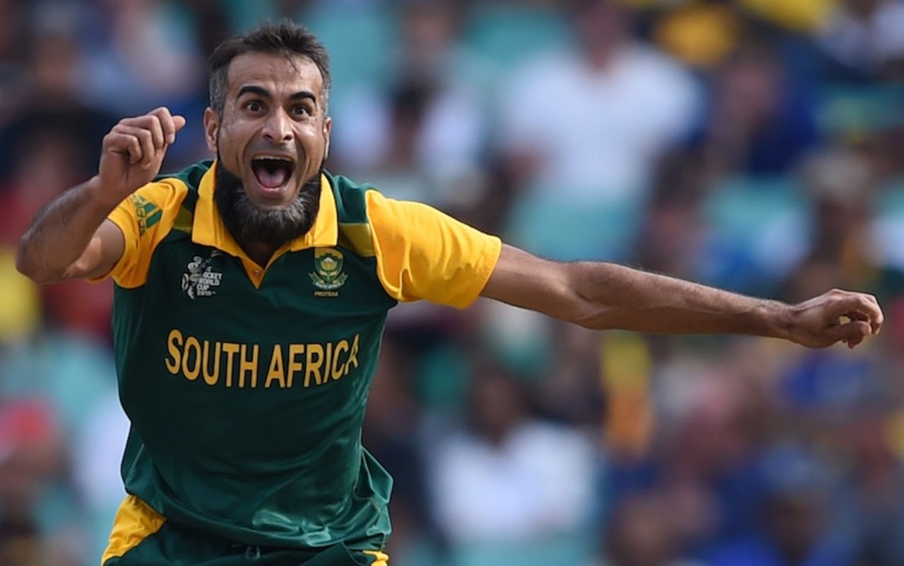Imran Tahir is thrilled after taking a wicket, South Africa v Sri Lanka, World Cup 2015, 1st quarter-final, Sydney, March 18, 2015