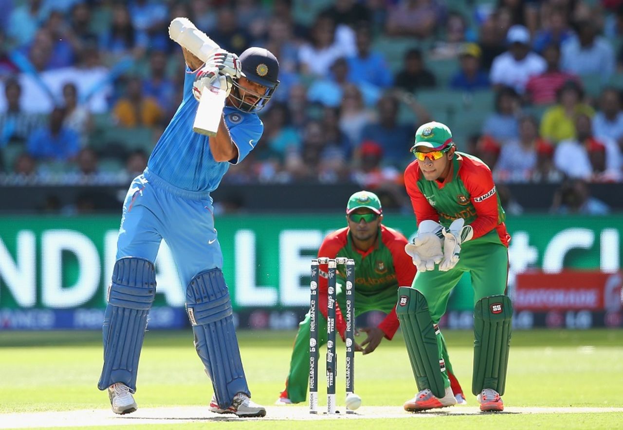 Shikhar Dhawan punches the ball off the back foot, Bangladesh v India, World Cup 2015, 2nd quarter-final, Melbourne, March 19, 2015 