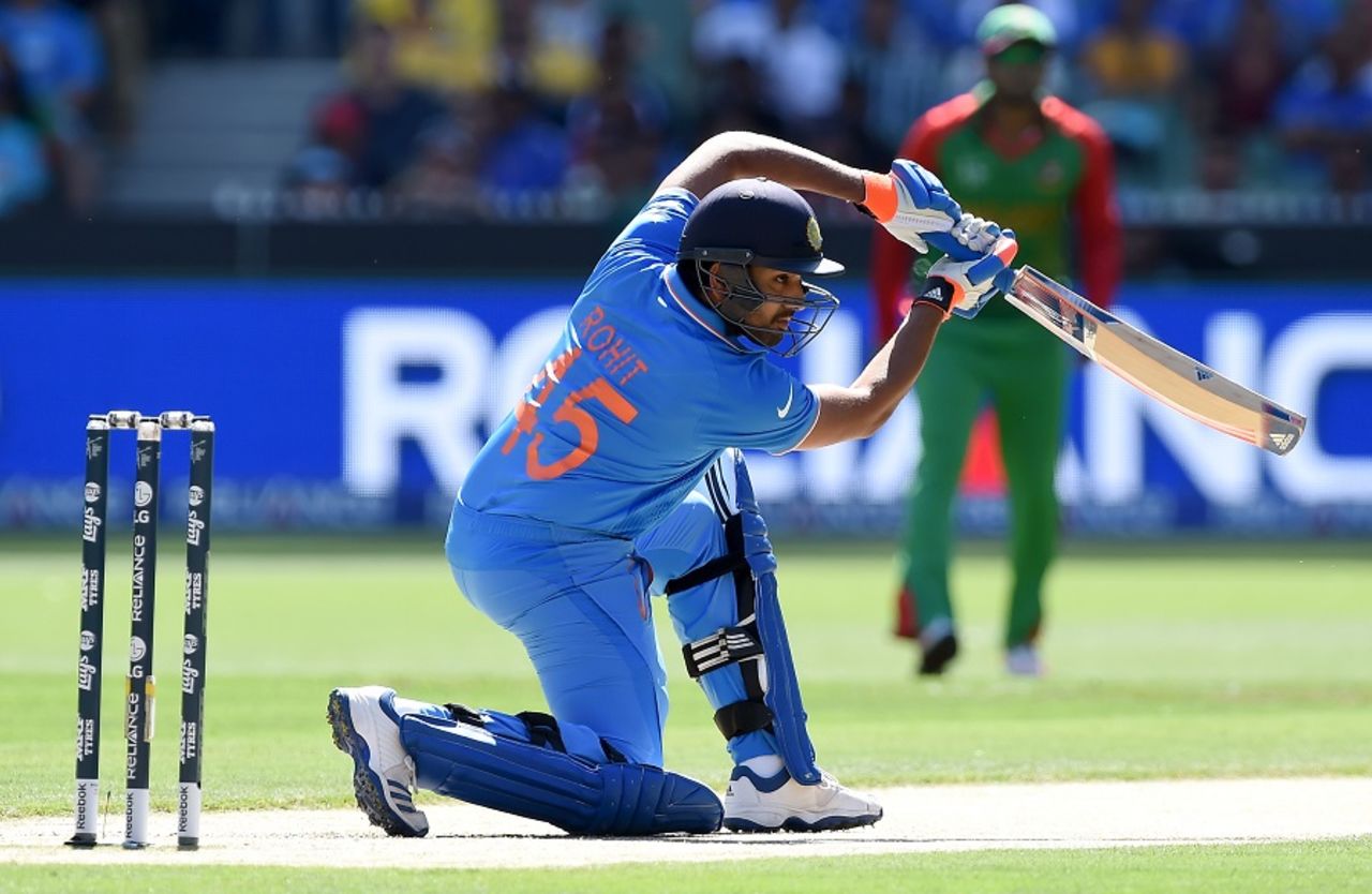 Rohit Sharma drives through the off side, Bangladesh v India, World Cup 2015, 2nd quarter-final, Melbourne, March 19, 2015