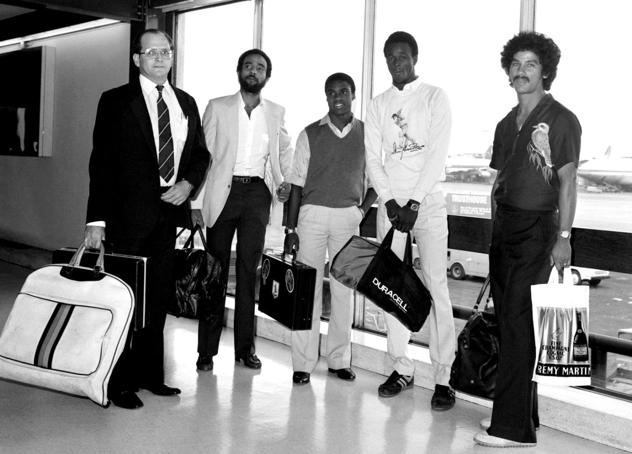 West Indies players at Heathrow: (from second left) Jeff Dujon, Gus Logie, Winston Davis and Larry Gomes, London, May 29, 1983