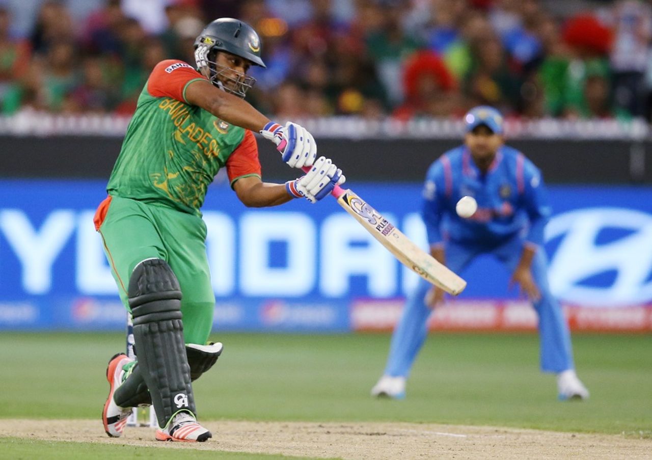 Tamim Iqbal flays the ball through the off side, Bangladesh v India, World Cup 2015, 2nd quarter-final, Melbourne, March 19, 2015