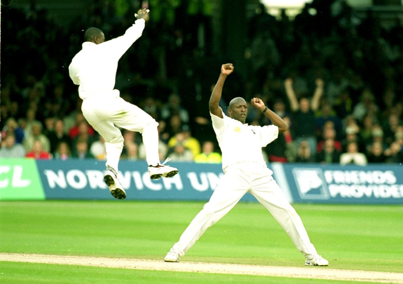 Franklyn Rose celebrates the wicket on Nick Knight, England v West Indies, 2nd Test, Lord's, 3rd day, July 1, 2000