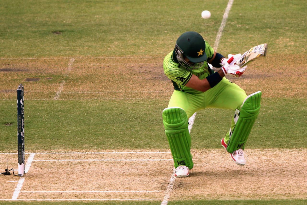 Ahmed Shehzad takes evasive action, Australia v Pakistan, World Cup 2015, 3rd quarter-final, Adelaide, March 20, 2015