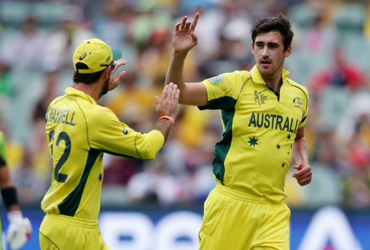 Mitchell Starc celebrates his 17th wicket of the tournament, Australia v Pakistan, World Cup 2015, 3rd quarter-final, Adelaide, March 20, 2015