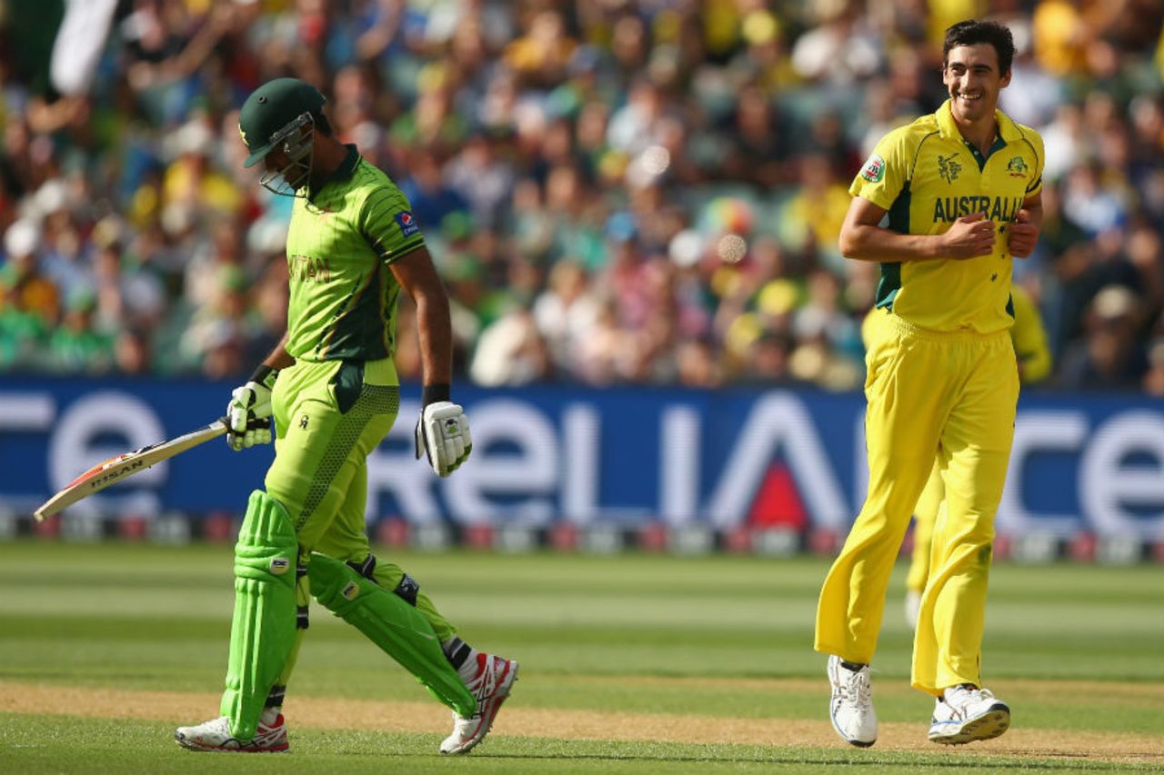 Mitchell Starc is all smiles after dismissing Wahab Riaz, Australia v Pakistan, World Cup 2015, 3rd quarter-final, Adelaide, March 20, 2015