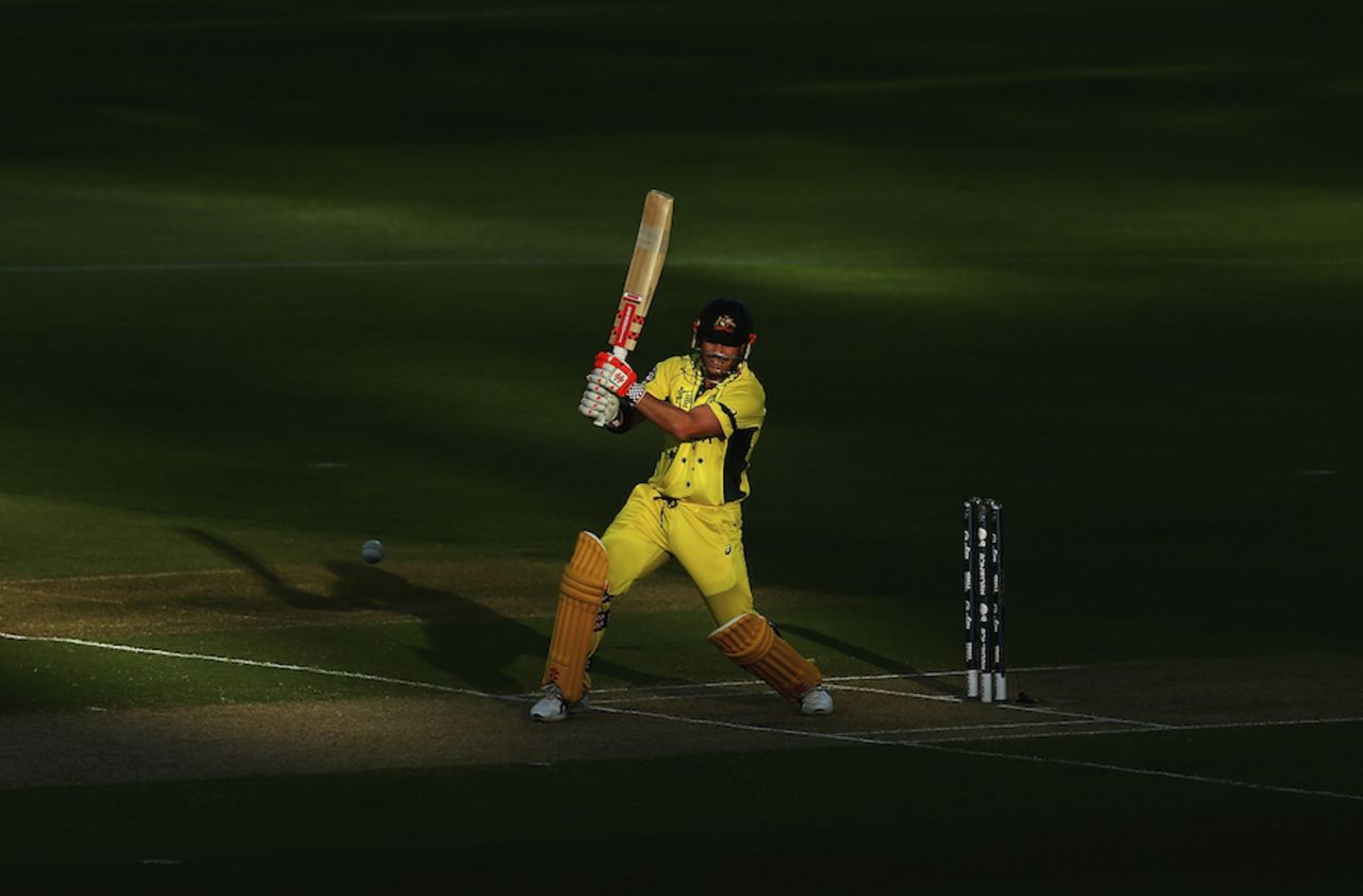 David Warner drives uppishly on the off side, Australia v Pakistan, World Cup 2015, 3rd quarter-final, Adelaide, March 20, 2015