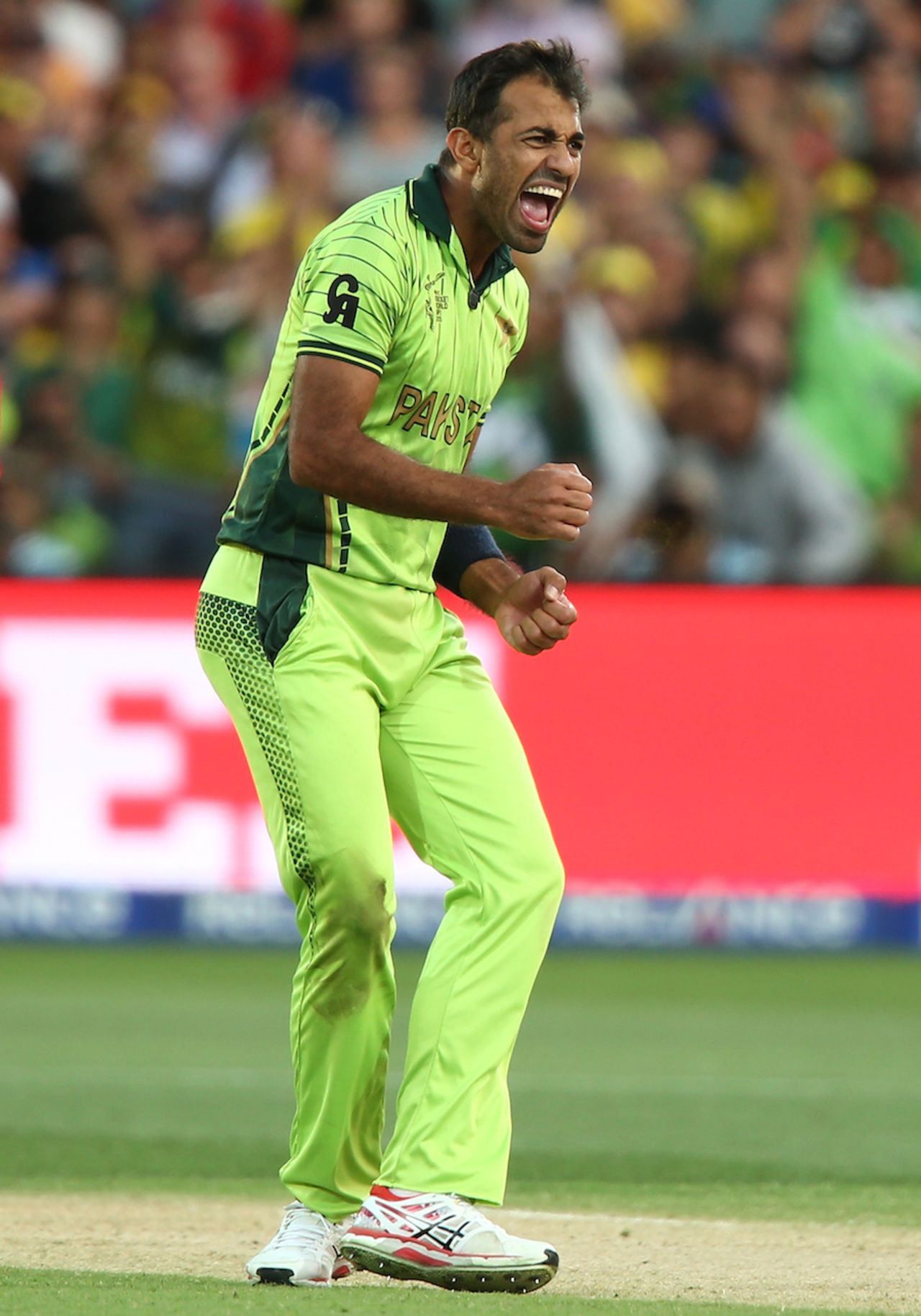 Wahab Riaz is thrilled after taking a wicket, Australia v Pakistan, World Cup 2015, 3rd quarter-final, Adelaide, March 20, 2015