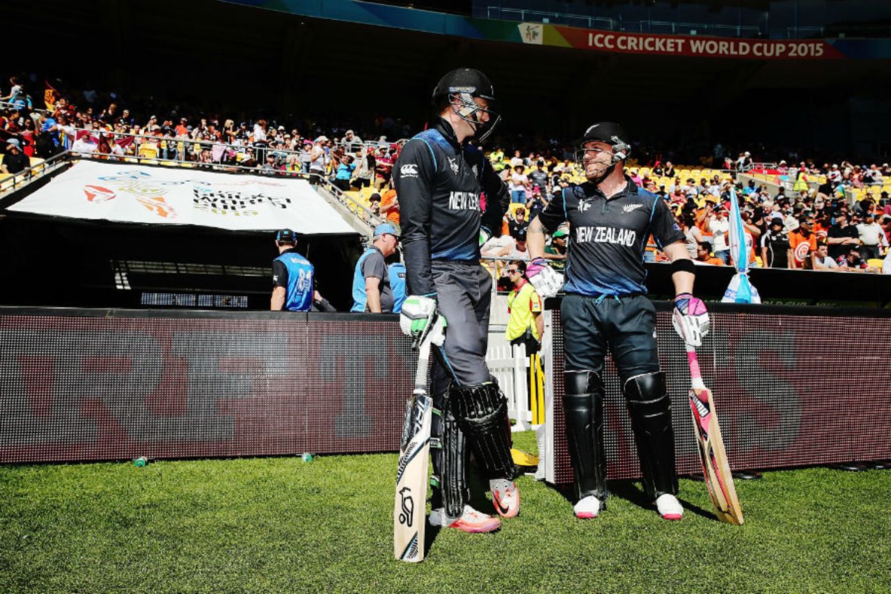 Martin Guptill and Brendon McCullum wait to get on tothe field, New Zealand v West Indies, World Cup 2015, 4th quarter-final, Wellington, March 21, 2015 
