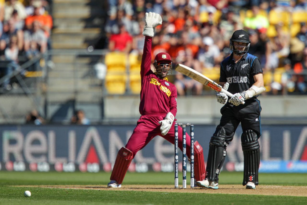Denesh Ramdin appeals for the wicket of Kane Williamson, New Zealand v West Indies, World Cup 2015, 4th quarter-final, Wellington, March 21, 2015 