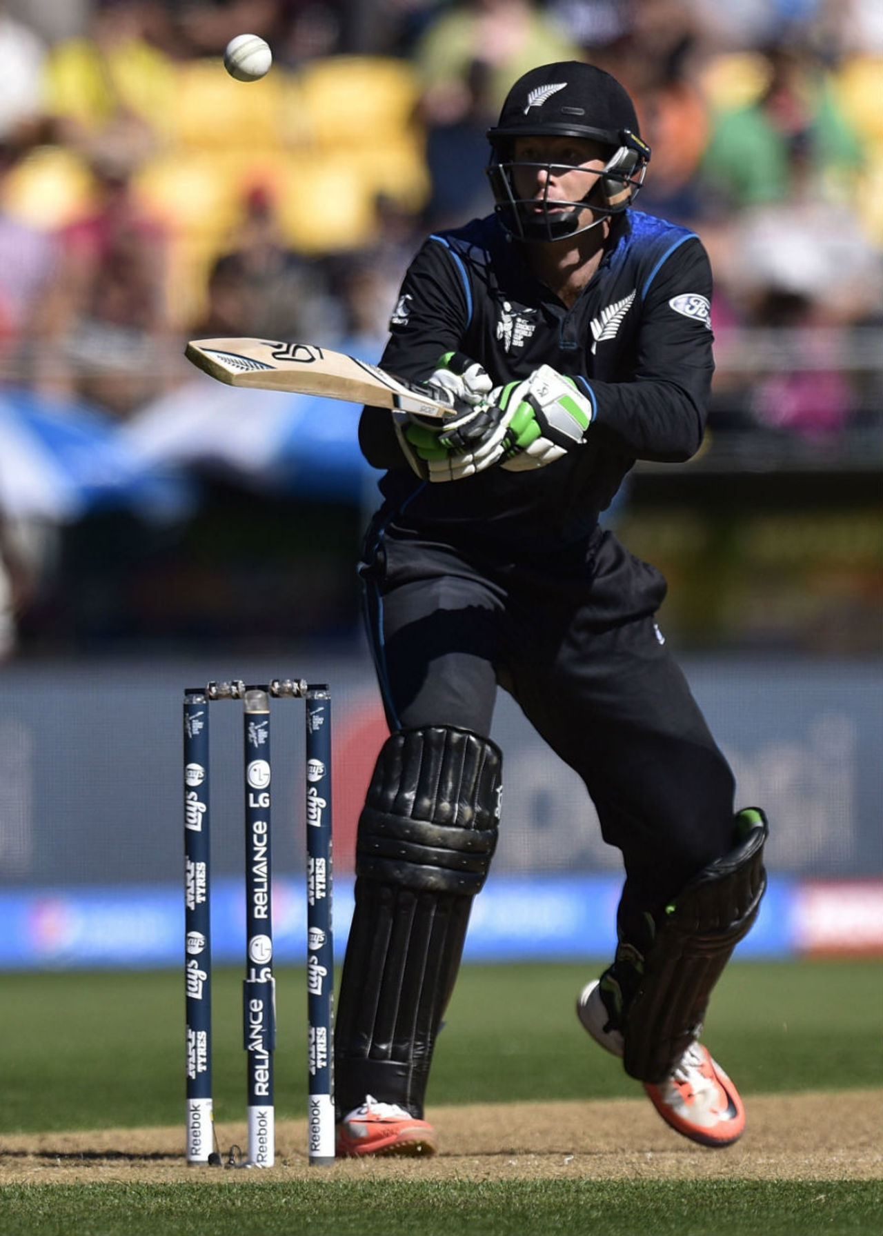 Martin Guptill watches the ball come off his bat, New Zealand v West Indies, World Cup 2015, 4th quarter-final, Wellington, March 21, 2015 