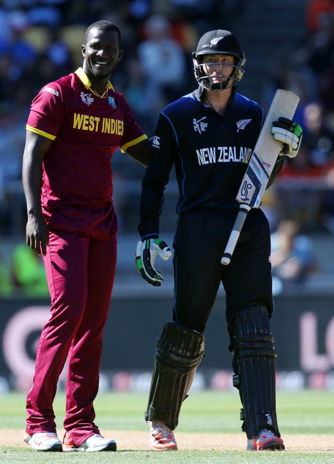 Darren Sammy watches the ball with Martin Guptill, New Zealand v West Indies, World Cup 2015, 4th quarter-final, Wellington, March 21, 2015 