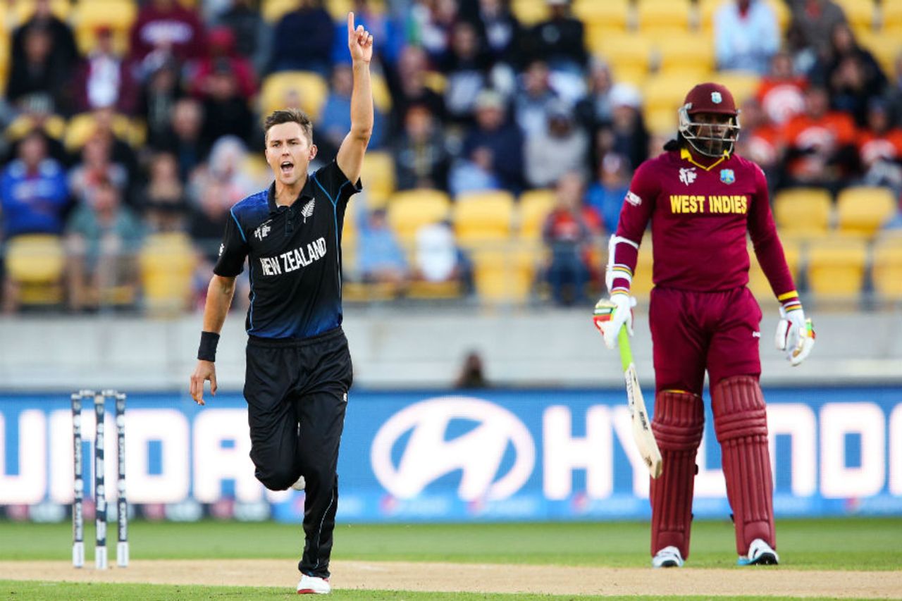 Trent Boult celebrates the wicket of Johnson Charles, New Zealand v West Indies, World Cup 2015, 4th quarter-final, Wellington, March 21, 2015 