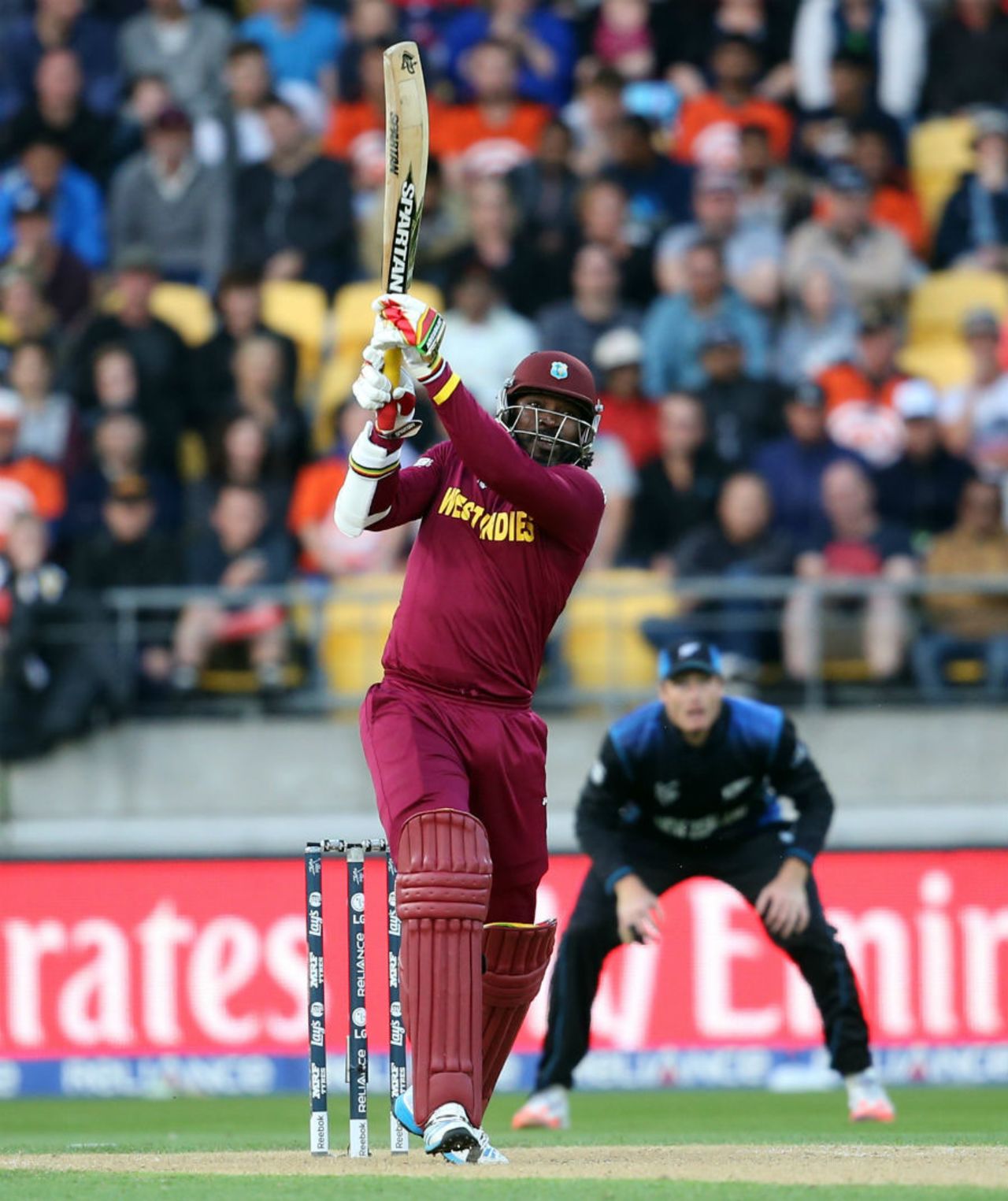 Chris Gayle swings his big blade, New Zealand v West Indies, World Cup 2015, 4th quarter-final, Wellington, March 21, 2015 