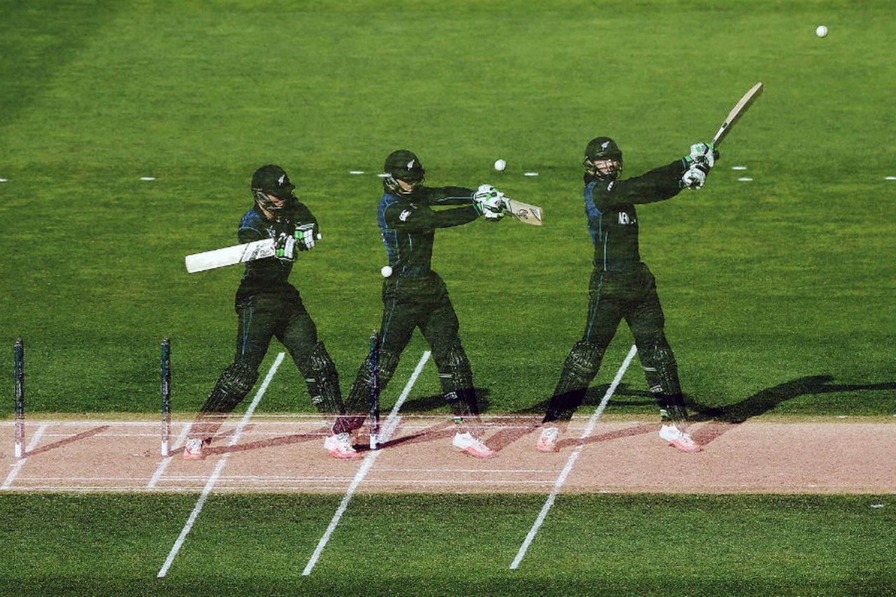 A multi-exposure shot of Martin Guptill cutting the ball, New Zealand v West Indies, World Cup 2015, 4th quarter-final, Wellington, March 21, 2015 