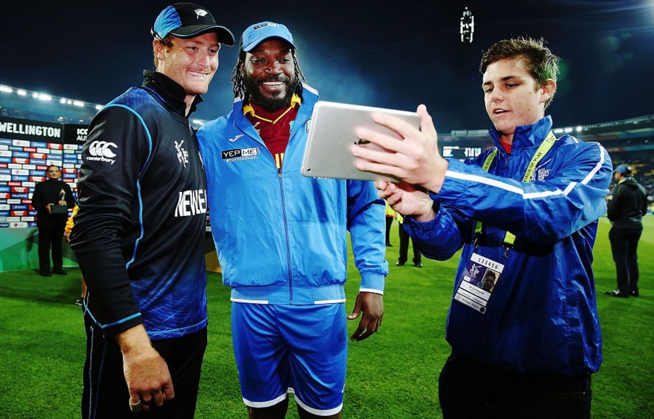 The double-centurions club: Martin Guptill and Chris Gayle pose for a twitter photo, New Zealand v West Indies, World Cup 2015, 4th quarter-final, Wellington, March 21, 2015