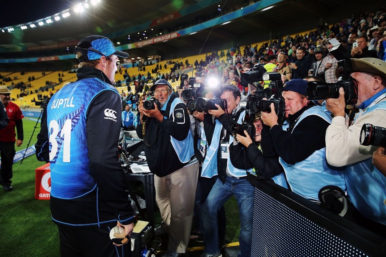 Say cheese: Martin Guptill enjoys the perks of a record-breaking innings, New Zealand v West Indies, World Cup 2015, 4th quarter-final, Wellington, March 21, 2015 