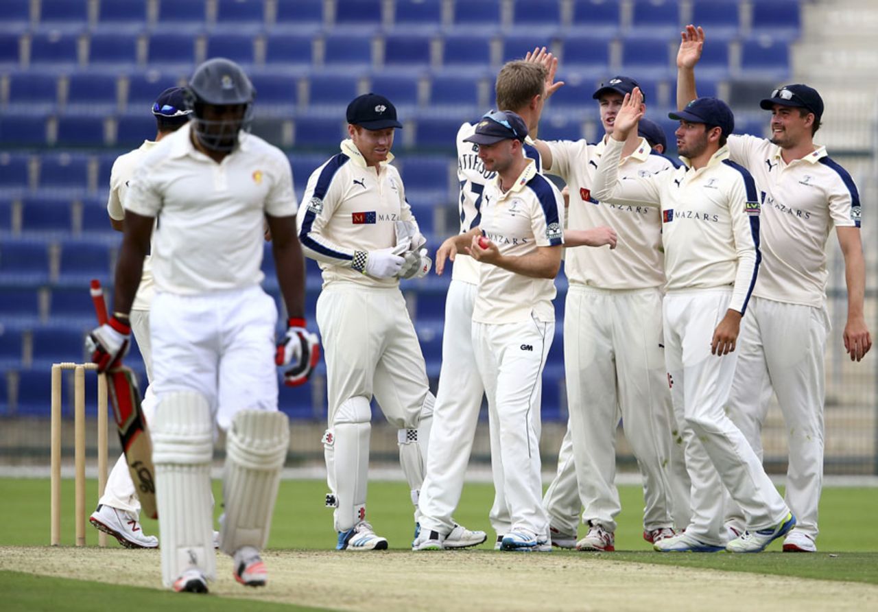 Steve Patterson celebrates the wicket of Michael Carberry, MCC v Yorkshire, Champion County match, Abu Dhabi, 1st day, March 22, 2015