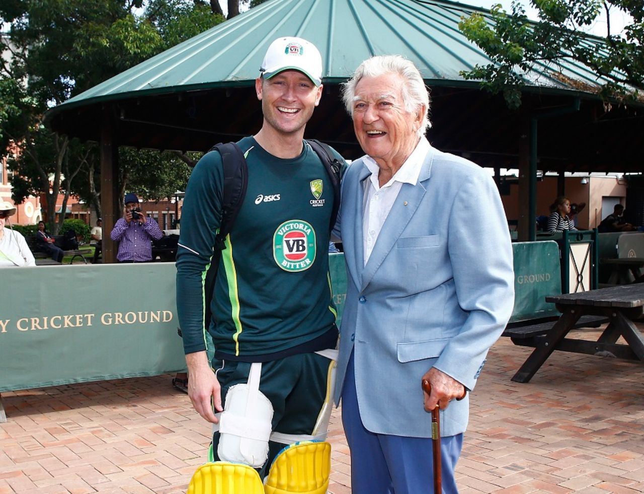Bob Hawke enjoys a laugh with Michael Clarke, World Cup 2015, Sydney, March 23, 2015