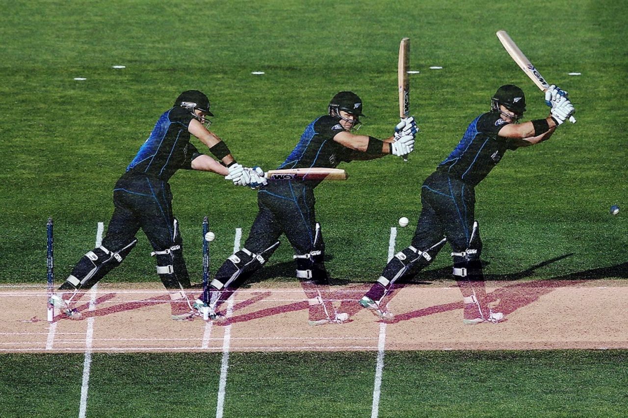 A muti-exposure sequence of Corey Anderson flicking the ball, New Zealand v West Indies, World Cup 2015, 4th quarter-final, Wellington, March 21, 2015