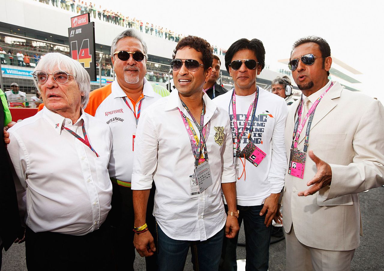 Bernie Ecclestone, Vijay Mallya, Sachin Tendulkar, Shah Rukh Khan and Gulshan Grover at the Indian Grand Prix, Buddh International Circuit, Delhi, October 30, 2011