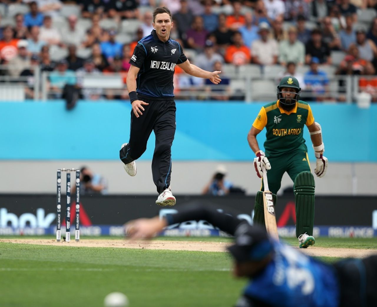 So close: Trent Boult watches an edge fly past the slips, New Zealand v South Africa, World Cup 2015, 1st Semi-Final, Auckland, March 24, 2015