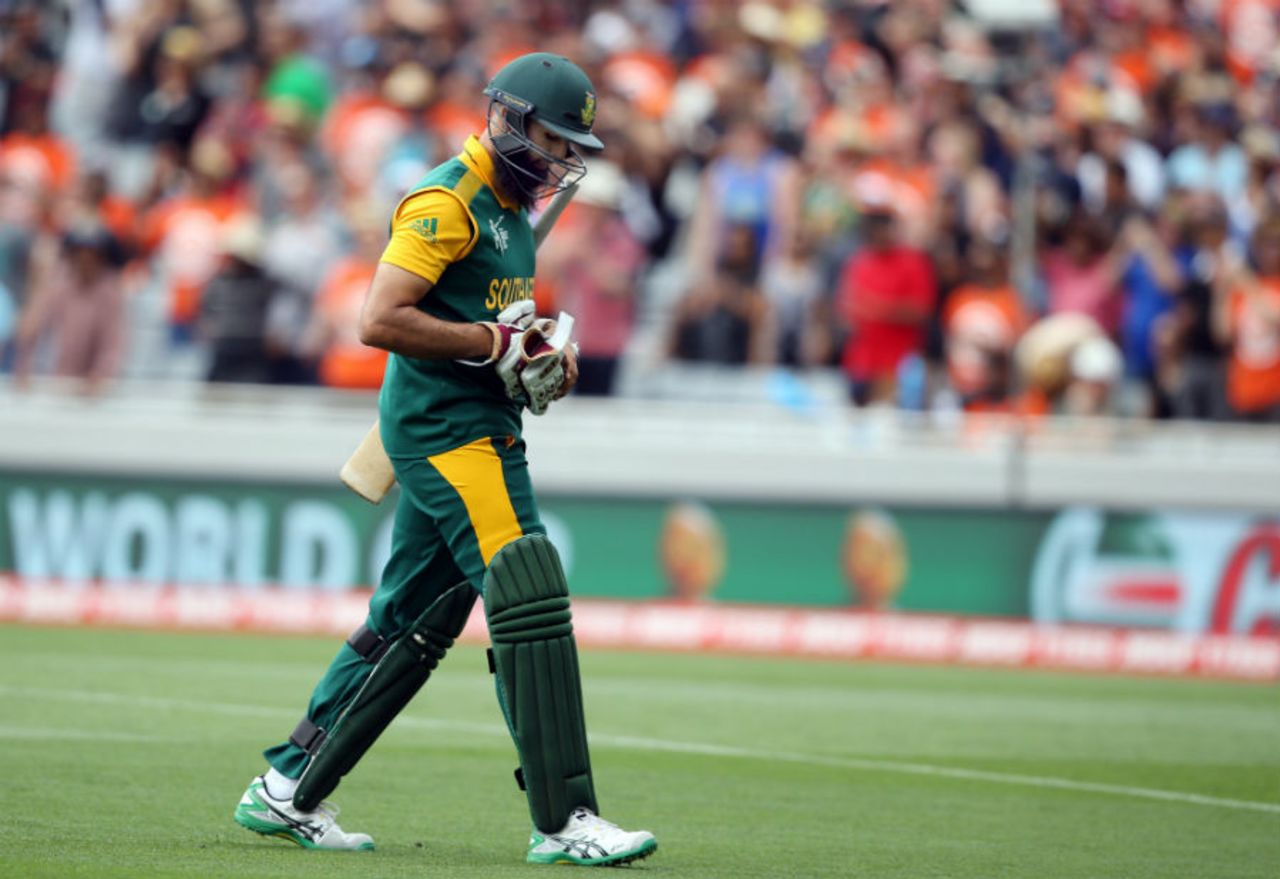 Hashim Amla walks back after being dismissed for 10, New Zealand v South Africa, World Cup 2015, 1st Semi-Final, Auckland, March 24, 2015