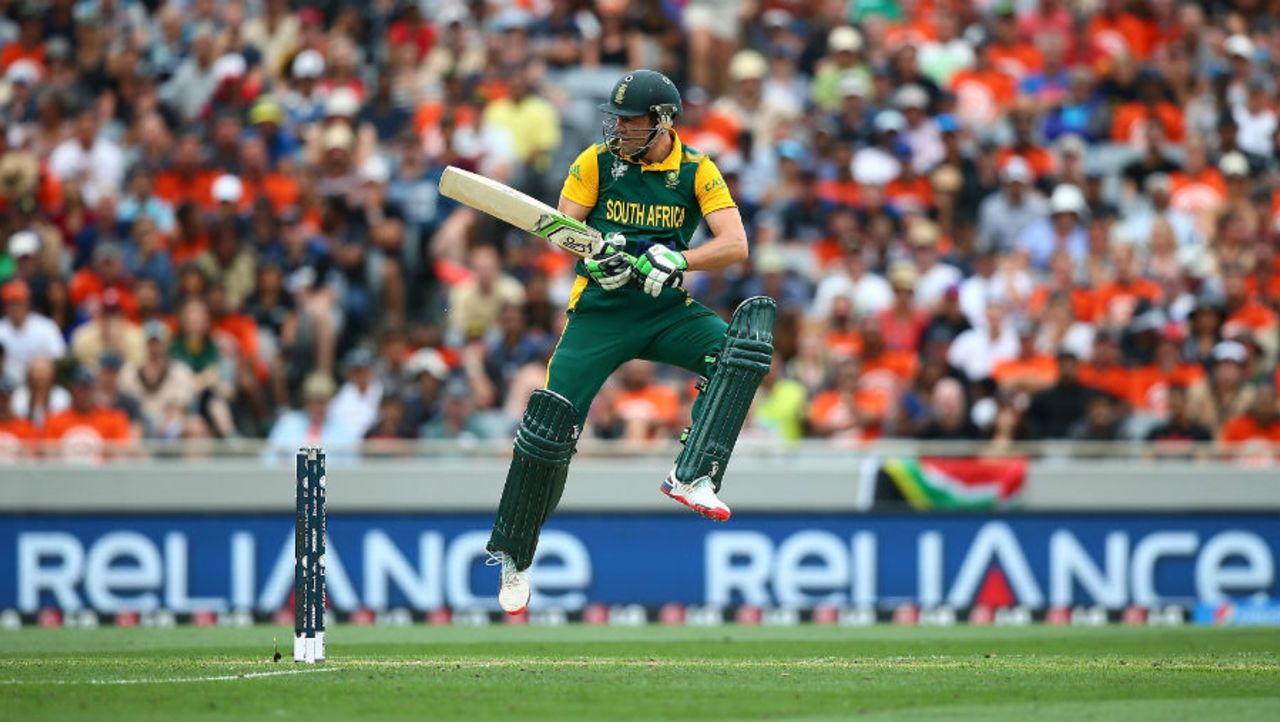 AB de Villiers gets up to dab the ball to third man, New Zealand v South Africa, World Cup 2015, 1st Semi-Final, Auckland, March 24, 2015