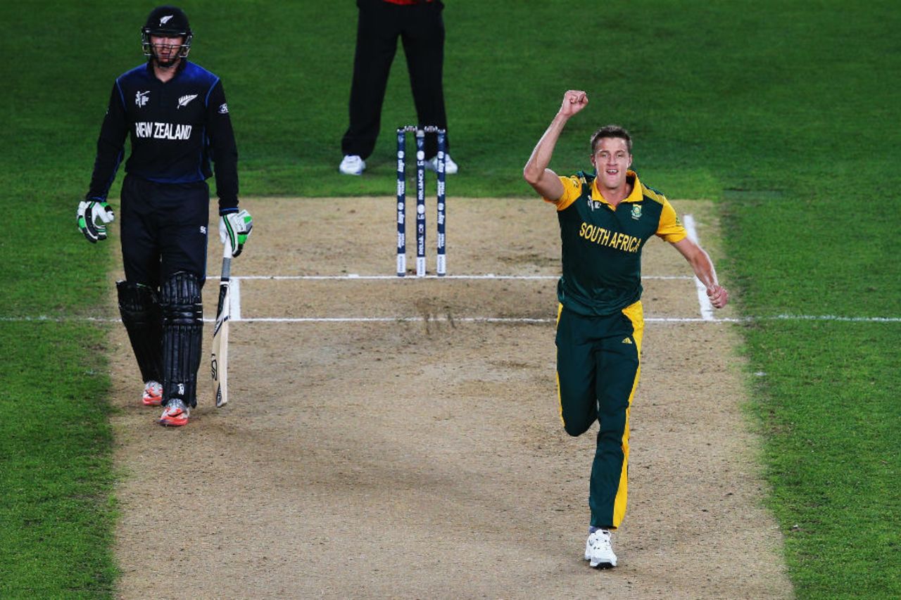 Morne Morkel celebrates the wicket of Kane Williamson, New Zealand v South Africa, World Cup 2015, 1st Semi-Final, Auckland, March 24, 2015