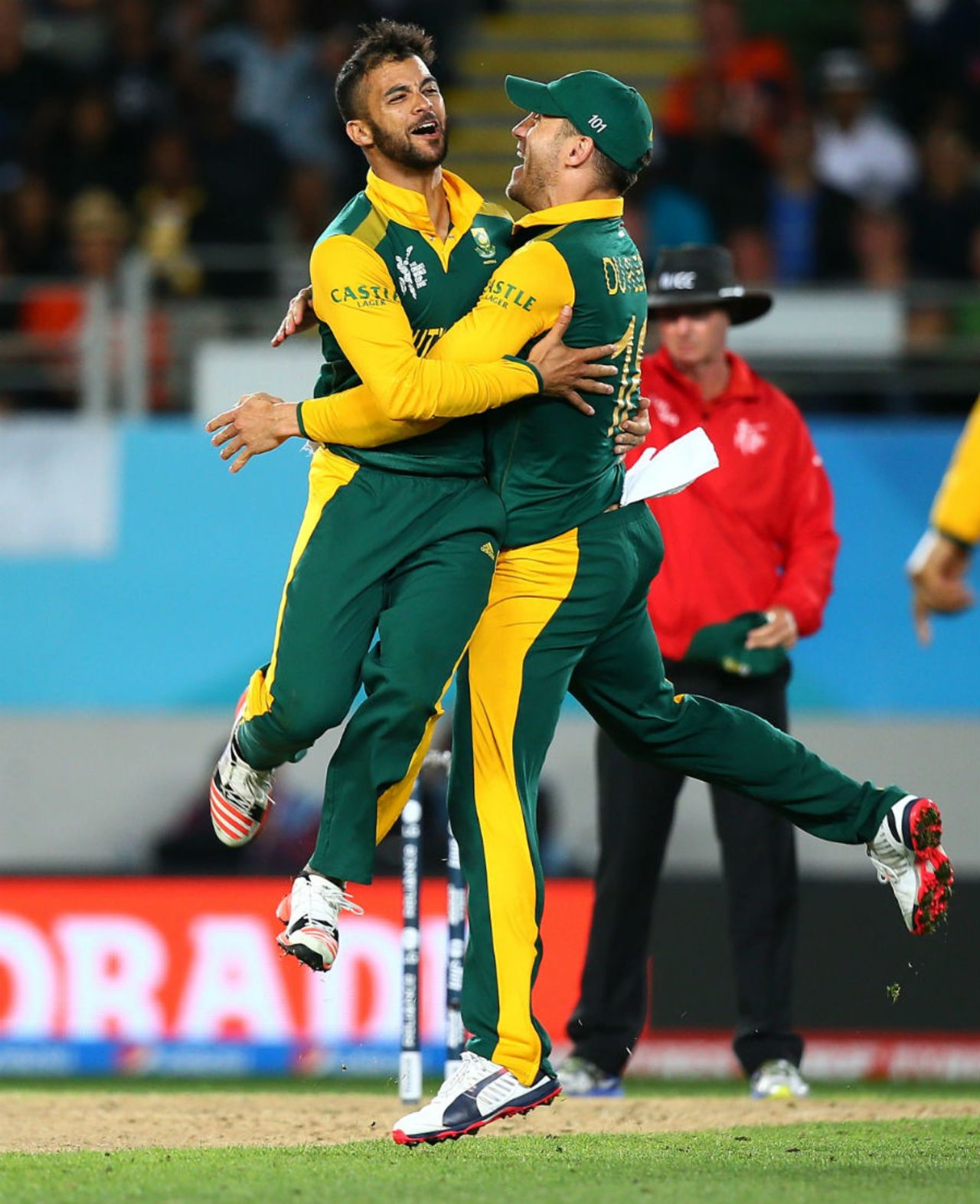 JP Duminy and Faf du Plessis celebrate a wicket , New Zealand v South Africa, World Cup 2015, 1st Semi-Final, Auckland, March 24, 2015