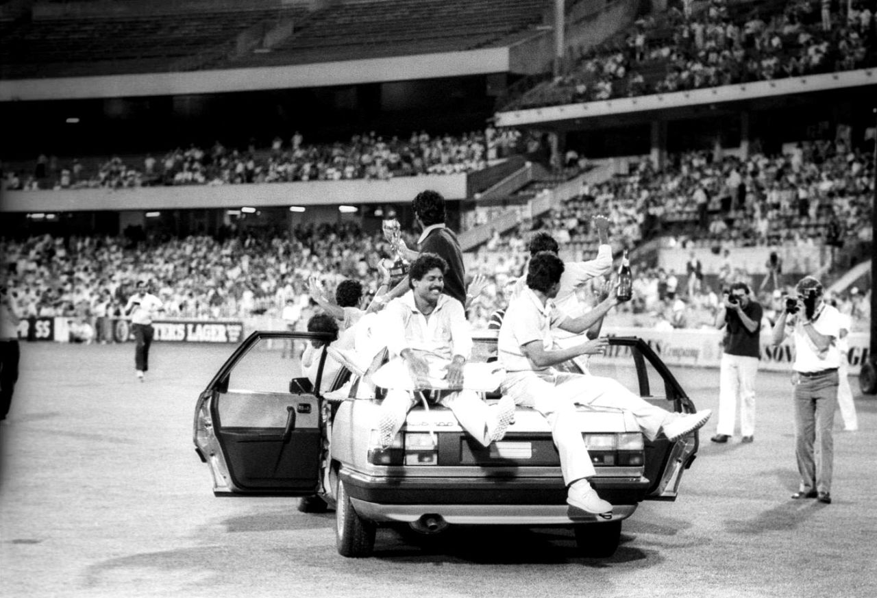 The Indian team rides in the Audi awarded to Player of the Tournament Ravi Shastri, India v Pakistan, Benson & Hedges World Championship of Cricket, final, Melbourne, March 10, 1985