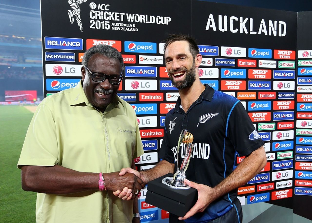 Grant Elliott is all smiles as he collects the Man-of-the-Match award from Clive Lloyd, New Zealand v South Africa, World Cup 2015, 1st Semi-Final, Auckland, March 24, 2015
