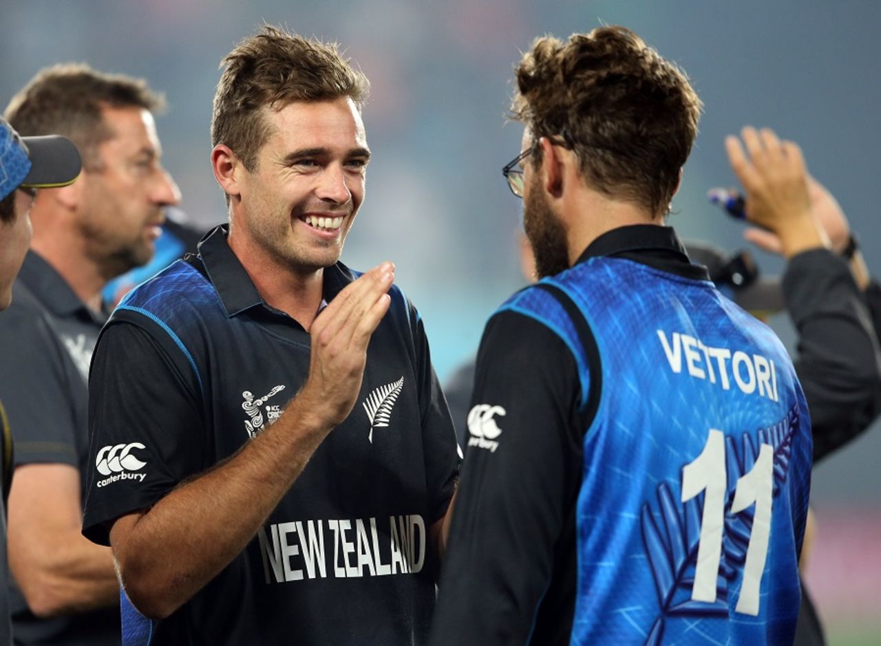 Tim Southee and Daniel Vettori bask in the glory of victory, New Zealand v South Africa, World Cup 2015, 1st semi-final, Auckland, March 24, 2015