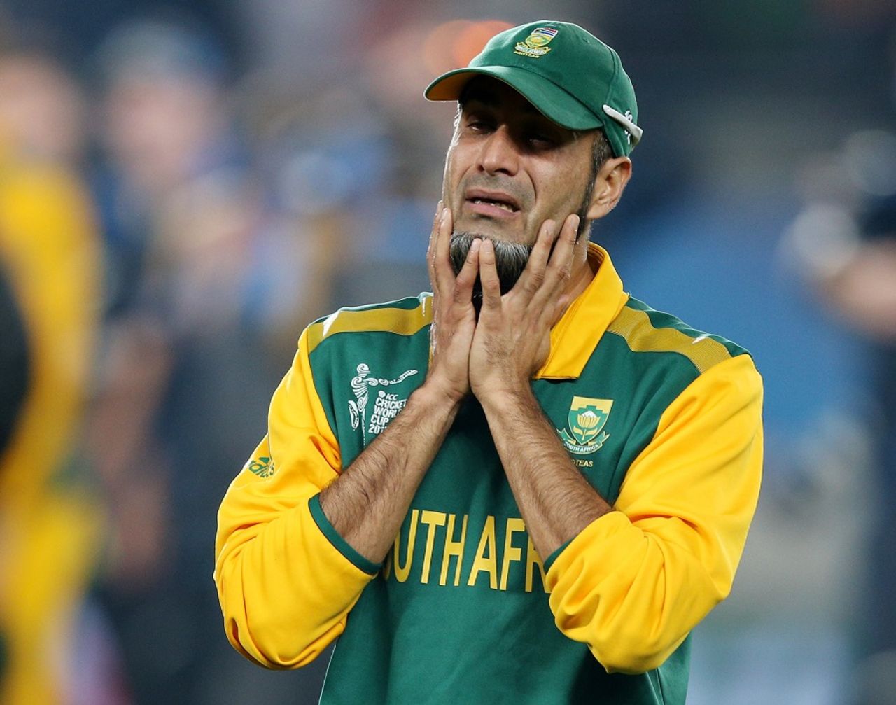 Imran Tahir was left dejected after his side's heart-breaking loss, New Zealand v South Africa, World Cup 2015, 1st Semi-Final, Auckland, March 24, 2015