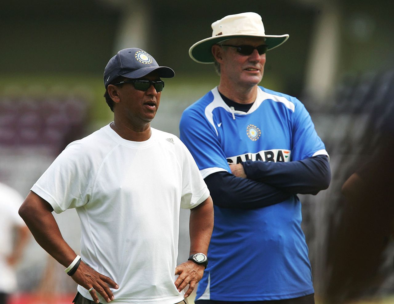 Kiran More and Greg Chappell oversee a practice session, Goa, April 2, 2006